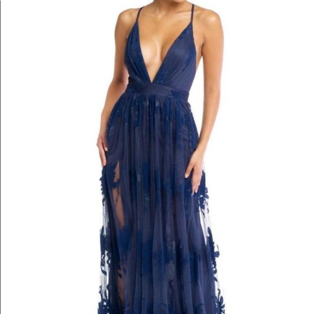 Luxxel Navy Blue Plunge-Neck Tulle Wedding Gown